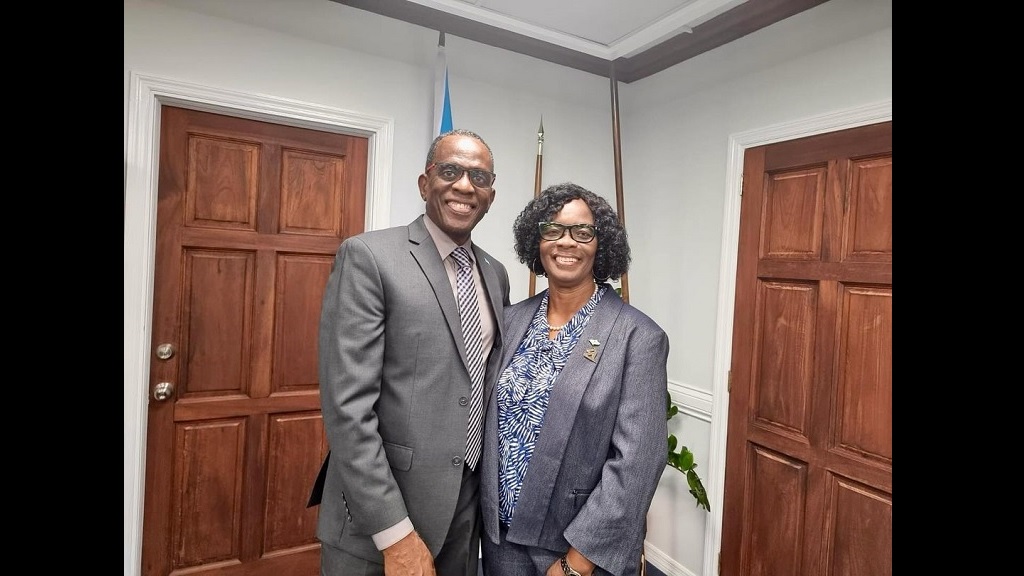 Prime Minister Philip J Pierre welcomes Dr Virginia Albert Poyotte back to a Cabinet meeting Monday, April 15, 2024 (Photo via Facebook)