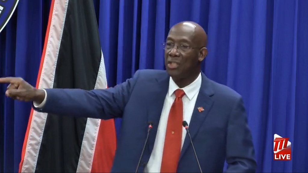 Prime Minister Dr Keith Rowley speaks at a media briefing on April 18, 2024. Photo via screenshot/TTT/Facebook