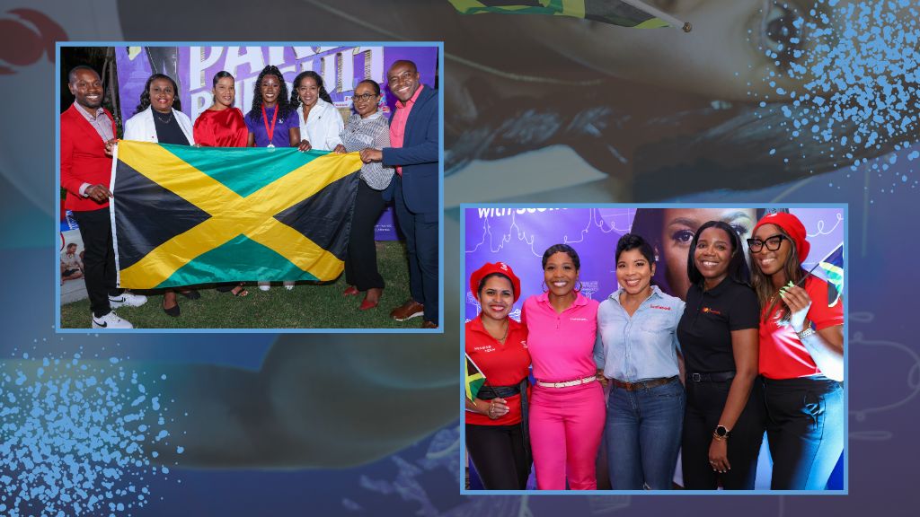  L: Christopher Samuels, Andrea Douglas, Keisha Brown, Shericka Jackson, Avril Leonce, Yvett Anderson, and Peter Mohan. | R:  Scotiabank team members (L-R) Cerene Davis, Tonya Russell, Simone Hull, Laurel Whyte, and Stephanie Myrie greeted Loop Lens. (Photos: Contributed)