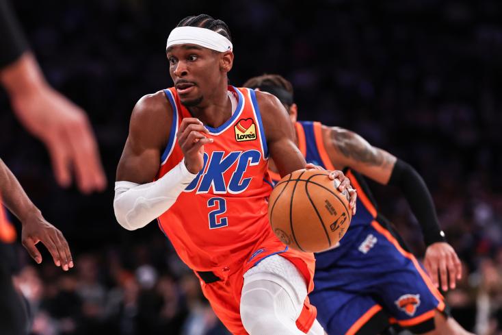 Canadian star of the Oklahoma Thunder, Shai Gilgeous-Alexander, during a regular season game against the Knicks, March 31, 2024 in New York DUSTIN SATLOFF / GETTY IMAGES NORTH AMERICA/AFP  