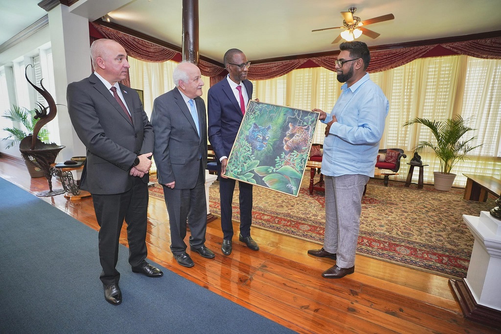 Representatives of the Committee on the Exercise of the Inalienable Rights of the Palestinian People meet with the President of Guyana, Dr Irfaan Ali. (Photo credit: Office of the President)