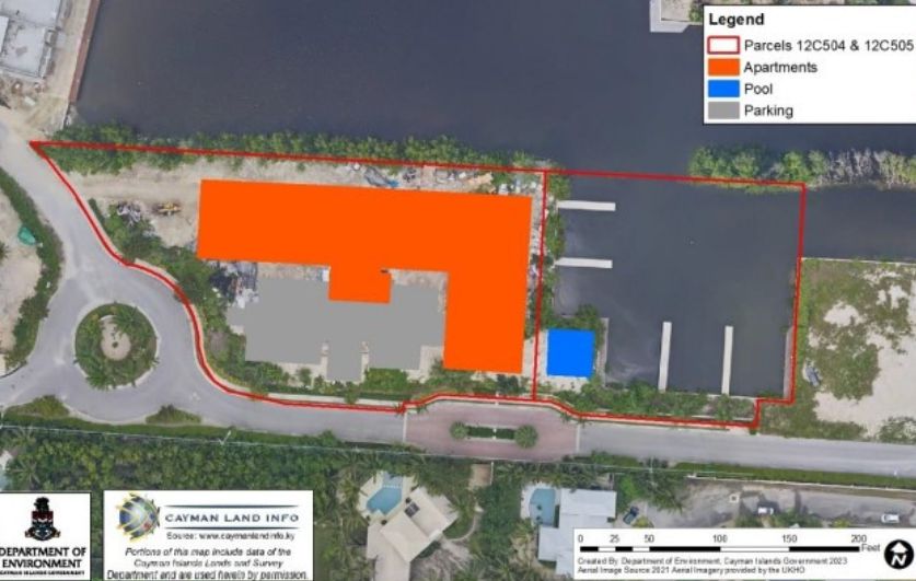 The application site with the parcel boundary highlighted in red (Aerial Imagery Source: UKHO, 2021)