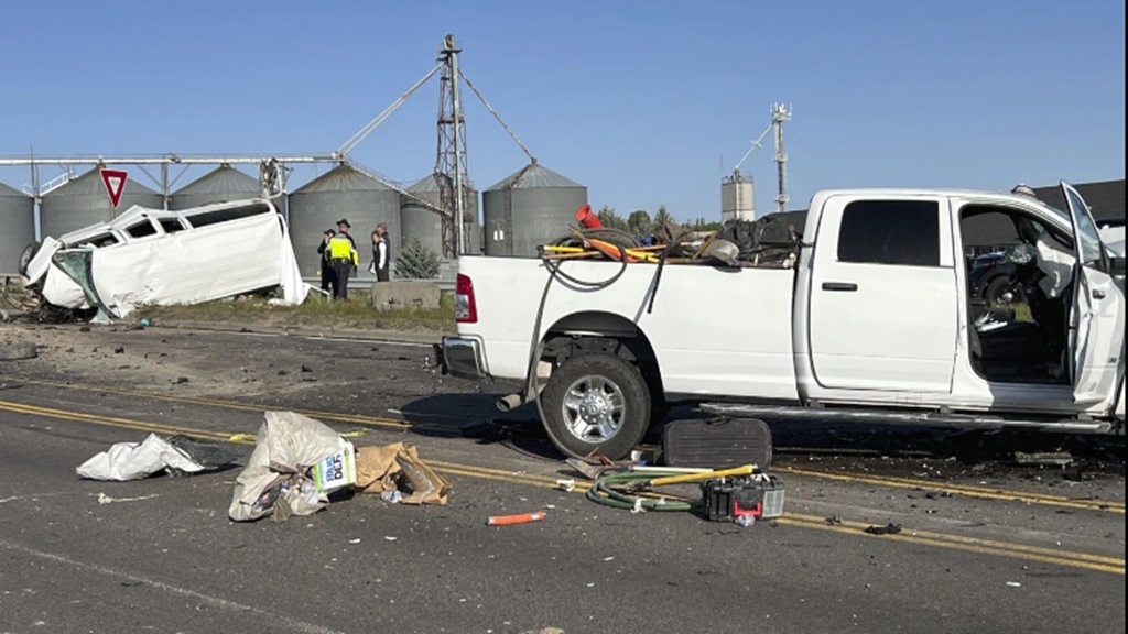 The scene of a two-vehicle crash that involved the loss of six lives and left 10 others injured. (Photo: AP)