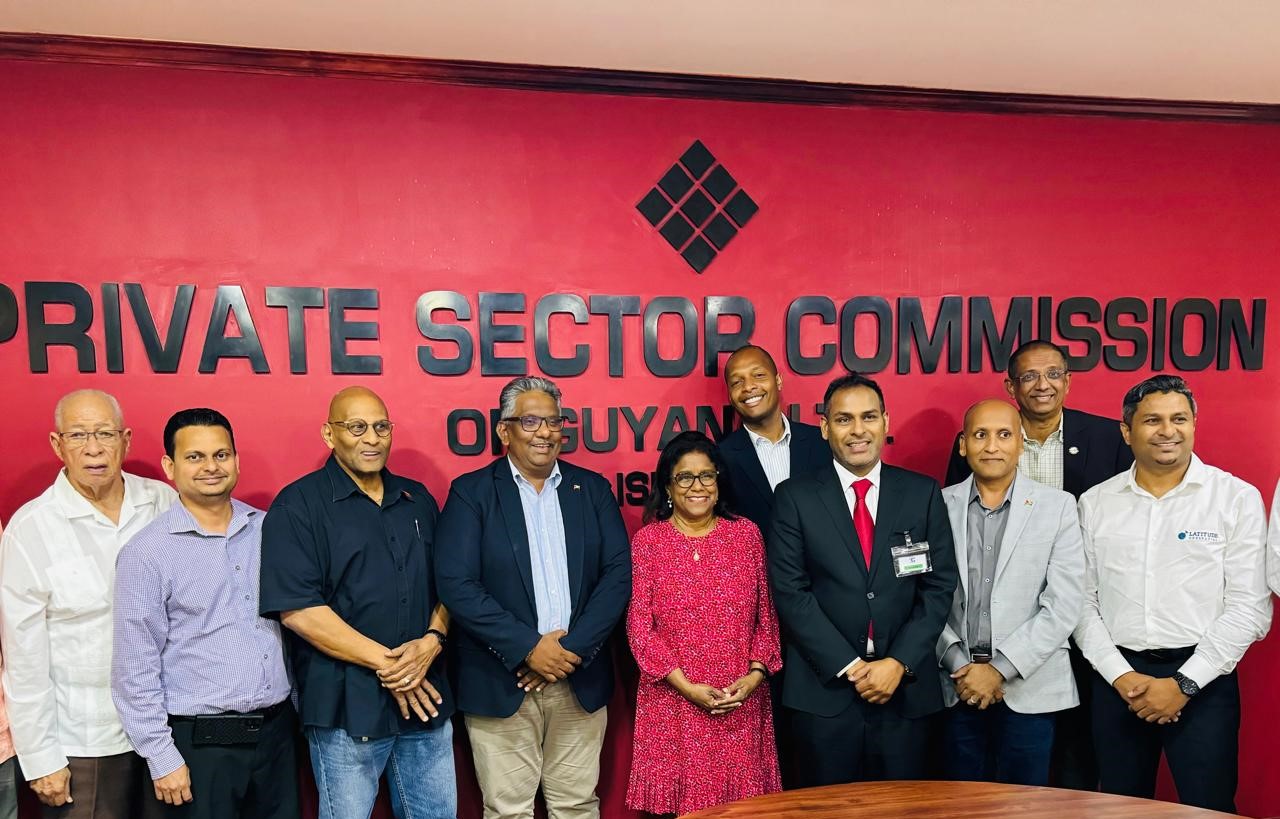 Trade and Industry Minister Paula Gopee-Scoon (centre) along with Permanent Secretary MTI, Randall Karim (3rd right) and members of the Guyana Private Sector Commission.