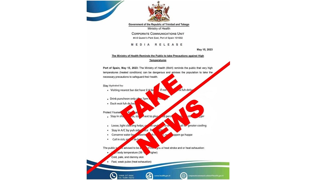 The Health Ministry is advising of a fake image purporting to be from the Ministry that is in fact false, being circulated online, in a statement issued May 21, 2024. 