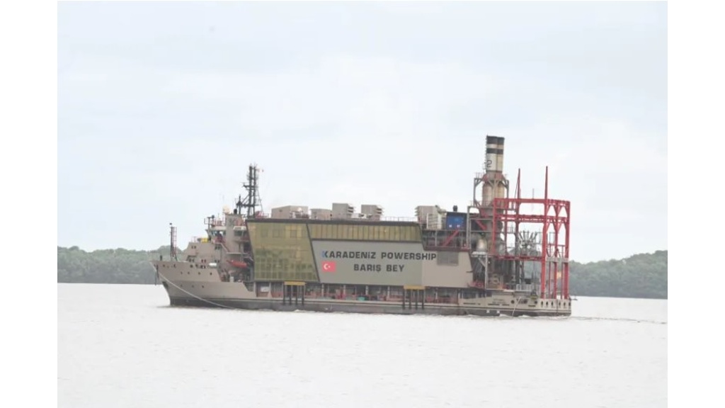 The 36 megawatts power ship in the Berbice River on April 4, 2024. Photo: DPI