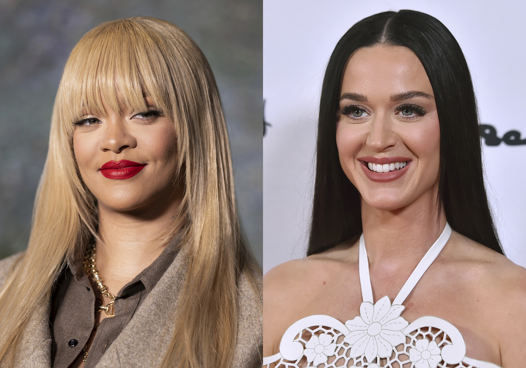  This combination of AP file photos shows Rihanna at the FENTY x PUMA Creeper Phatty Earth Tone sneaker launch party in London on April 17, 2024, left, and Katy Perry at the 35th Annual Colleagues Spring Luncheon and Oscar de la Renta Fashion Show in Beverly Hills, California, on April 25, 2024. (AP Photo)
