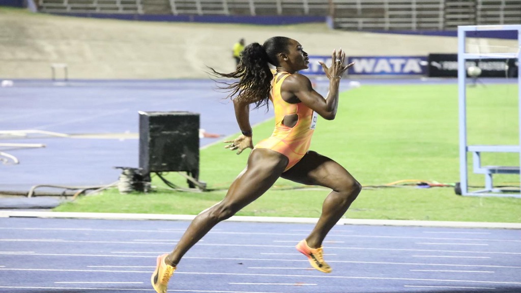 Jamaica's Rushell Clayton powers to victory in the women’s 400m hurdles at the first staging of the Jamaica Athletics Invitational at the National Stadium on Saturday, May 11, 2024. (PHOTO: Marlon Reid).