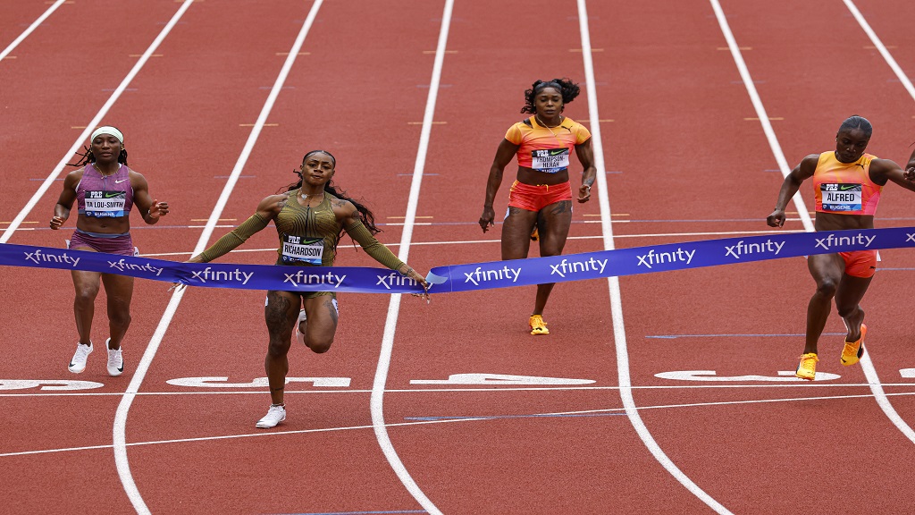 Sha'Carri Richardson wins the women's 100 metres at the Prefontaine Classic track and field meet Saturday, May 25, 2024, in Eugene, Ore. (AP Photo/Thomas Boyd).
