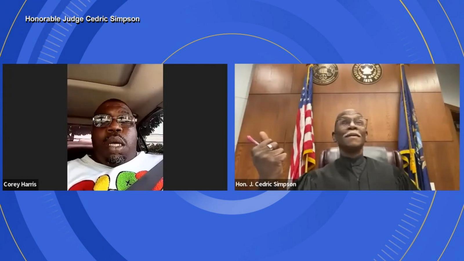 Screenshot Corey Harris and Judge Cedric Simpson in a Zoom conference.  Image via New York Times