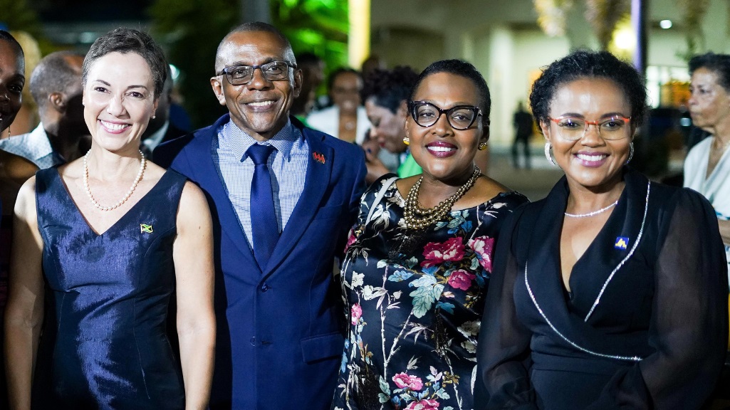 Minister for Foreign Affairs and Foreign Trade, Senator Kamina Johnson Smith (left) shares the spotlight with representatives of the legacy sponsors of the Biennial Jamaica Diaspora Conference (from left): Courtney Campbell, President and CEO of the VM Group; Grace Burnett, CEO of the GK Financial Group representing GraceKennedy; and Claudine Allen, General Manager of the JN Foundation representing the JN Group. They were attending a welcome reception on the grounds of the Montego Bay Convention Centre.