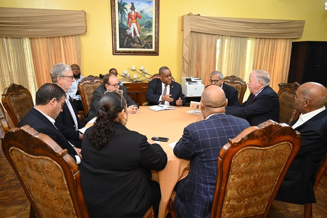 Conille meets members of the Association of Industries of Haiti (ADIH) on current economic and industrial challenges.  Photo: Prime Minister. 
