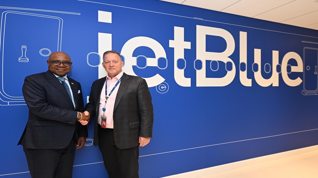 Minister of Tourism Edmund Bartlett (L) with Dave Jehn, Vice President Network Planning and Airline Partnerships, JetBlue, following the meeting with Senior Executives at the JetBlue office in New York on Monday June 17, 2024.