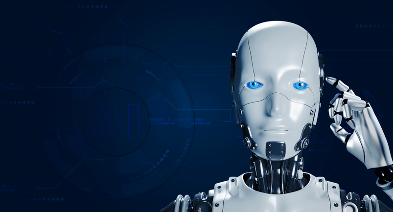 3d rendering of humanoid robot cyborg think or compute on blue cyber background with copy space, hand pointing on head. Photo: Istock 