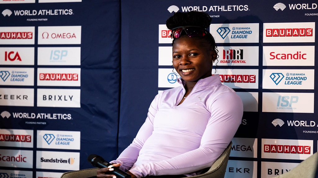 Shericka Jackson of Jamaica speaks at a press conference on Saturday ahead of the Diamond League in Stockholm. (PHOTO: Wanda Diamond League facebook page).