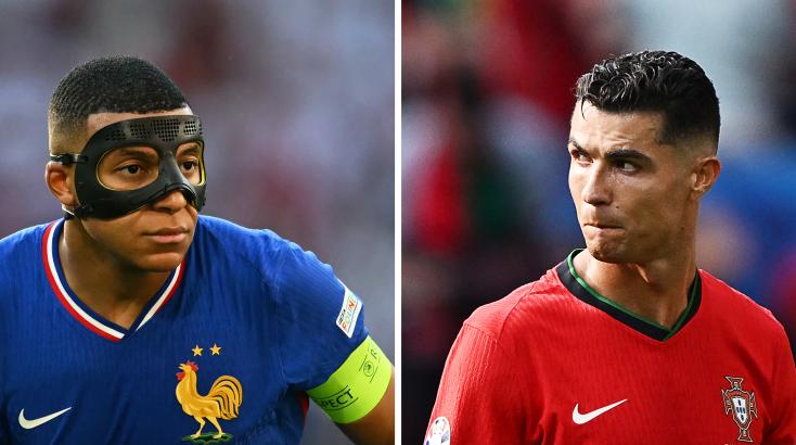 Photos of French stars Kylian Mbappé and Portuguese Cristiano Ronaldo taken during the group stage of Euro 2024, June 25 and June 22, 2024 in Germany OZAN KOSE, PATRICIA DE MELO MOREIRA / AFP 