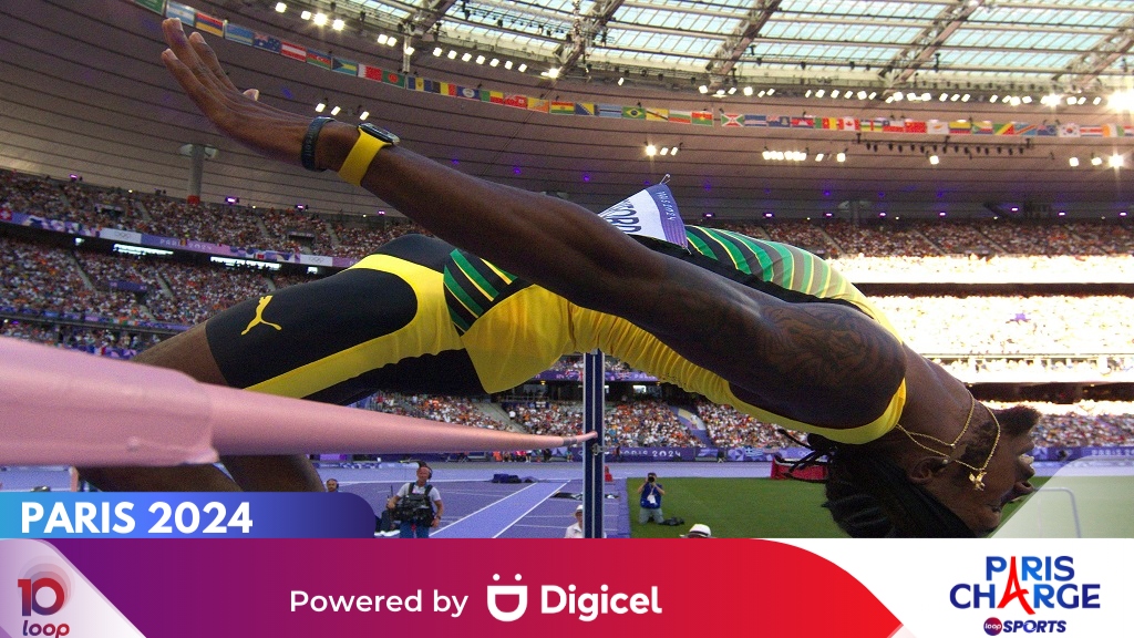 Jamaica's Romaine Beckford competes in the men's high jump final of the athletics event, during the 2024 Summer Olympics, at Stade de France, Saturday, Aug. 10, 2024, in Saint-Denis, France. (Antonin Thuillier/Pool Photo via AP).