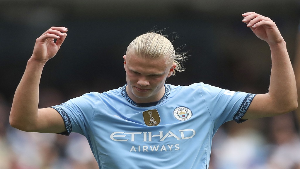 Manchester City's Erling Haaland reacts during the English Premier League football match against Brentford at the Etihad Stadium in Manchester, England, Saturday, Sept. 14, 2024. (AP Photo/Scott Heppel).