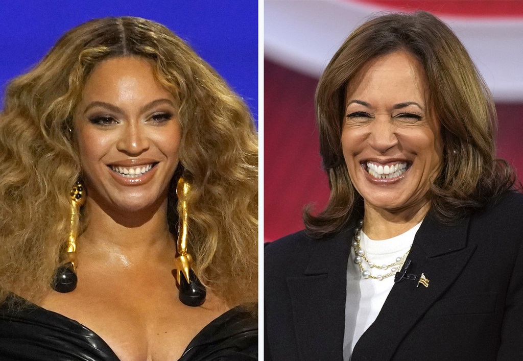 This combination photos shows Beyonce at the Grammy Awards in Los Angeles, March 14, 2021, left, and Democratic presidential nominee Vice President Kamala Harris at a CNN town hall in Aston, Pa., Oct. 23, 2024. (AP Photo)
