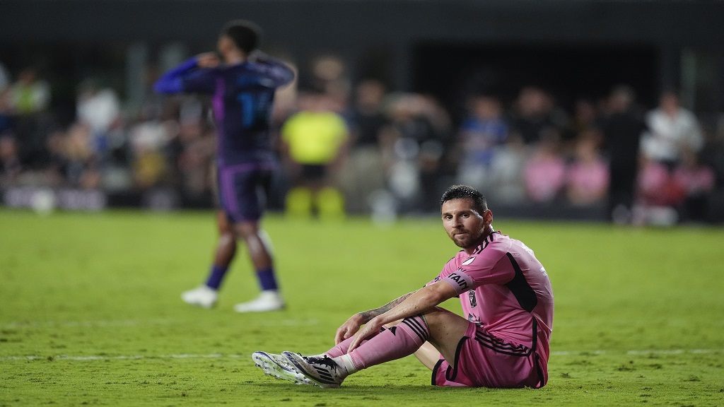 Inter Miami forward Lionel Messi reacts during the second half of an MLS football match against Charlotte FC, Saturday, Sept. 28, 2024, in Fort Lauderdale, Fla. (AP Photo/Rebecca Blackwell).