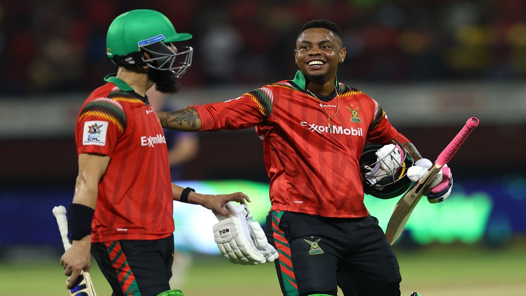 Shimron Hetmyer (right) and Moeen Ali of the Guyana Amazon Warriors react after their Republic Bank Caribbean Premier League Qualifier 2 match against the Barbados Royals at Providence Stadium in Georgetown, Guyana, on October 4, 2024. (PHOTO: Ashley Allen/CPL T20 via Getty Images).