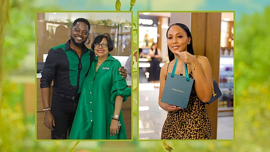 L: Perfumer Tedrick Green greeted Bijoux Store Manager Yvonne Boyce during the launch of his fragrance line. R: Kadian Hird added Ted Green Fragrances to her perfume collection. (Photos: Contributed)