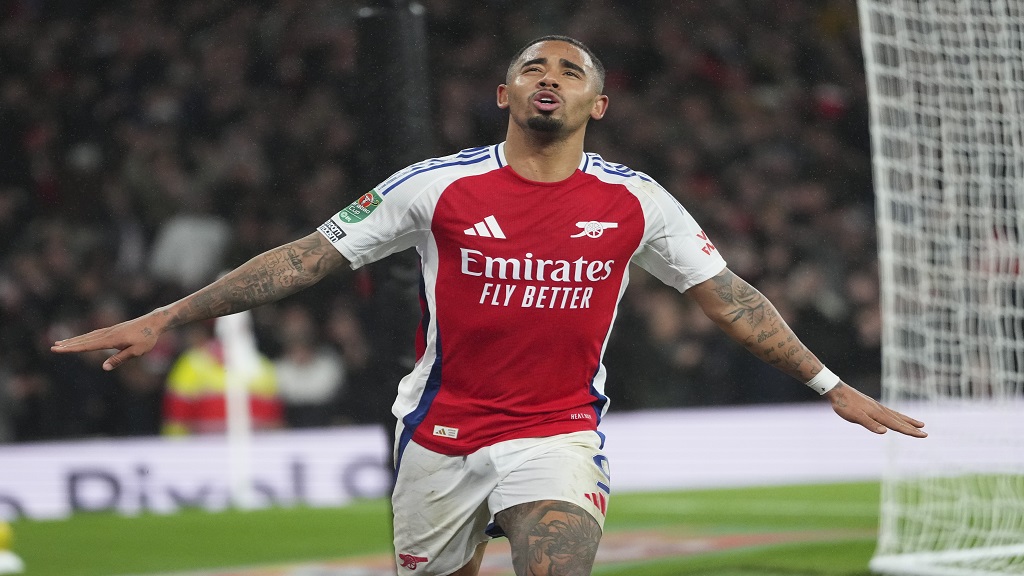 Arsenal's Gabriel Jesus celebrates after scoring his side's second goal during the English League Cup quarterfinal footbal match against Crystal Palace at Emirates stadium, in London, Wednesday, Dec. 18, 2024. (AP Photo/Kirsty Wigglesworth).