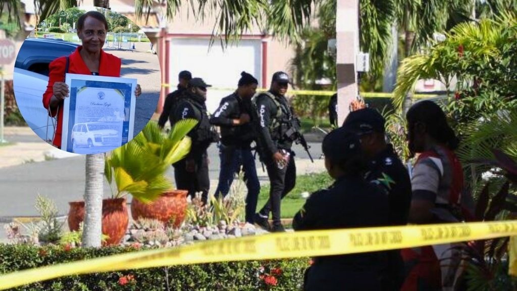 Police officers gather outside the home of veteran Gleaner journalist Barbara Gayle, who was found dead on Tuesday, December 17. (Photo: Marlon Reid) Inset: Barbara Gayle.
