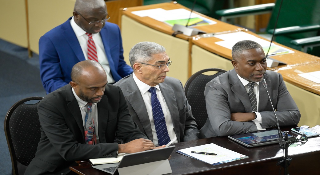 Deputy Governor of the Bank of Jamaica (BOJ) with responsibility for the Financial Institutions Supervisory Division, Dr Jide Lewis (right), addresses the Standing Finance Committee on Tuesday (December 10) at Gordon House. Looking on are (from left) Senior Deputy Governor, BOJ, Wayne Robinson and Governor, Richard Byles.