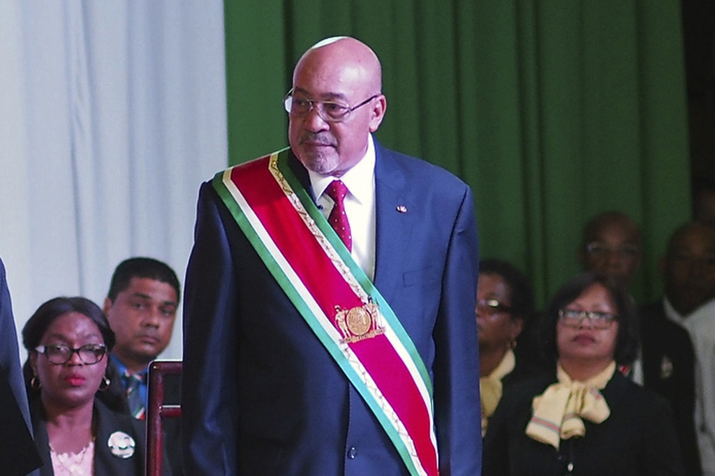 FILE - Suriname's President Desi Bouterse, re-elected to a second, five-year term, attends his swearing-in ceremony in Paramaribo, Suriname, August 12, 2015. (AP Photo/Ertugrul Kilic, File)
