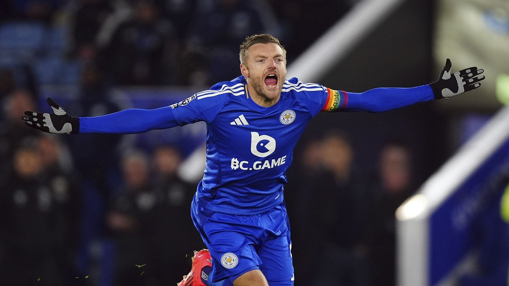 Leicester City's Jamie Vardy celebrates after scoring the opening goal during the English Premier League football match against West Ham United at the King Power Stadium in Leicester, England, Tuesday, Dec. 3, 2024. (Mike Egerton/PA via AP).