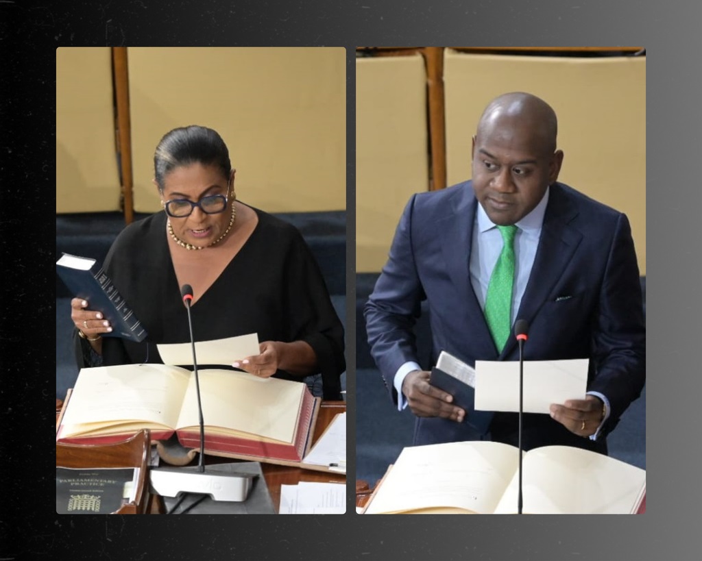 Marisa Dalrymple-Philibert and Duane Smith sworn in as MPs at Gordon House on Tuesday.
