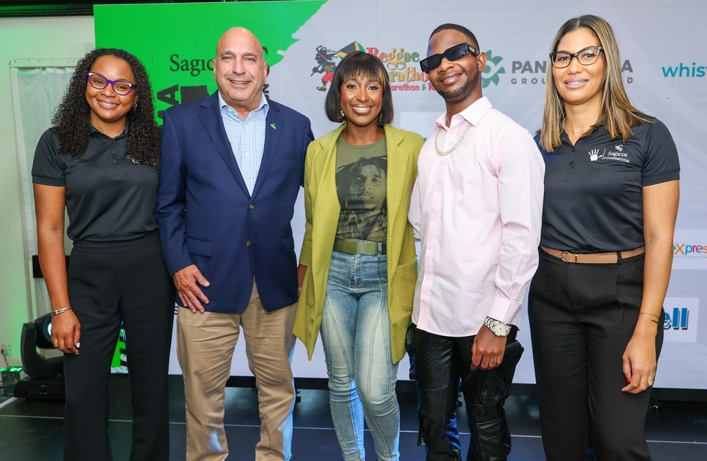 The Patrons of the Sagicor Sigma Run 2025 join members of Sagicor Group Jamaica for a photo op. (from left: Daidre Sloley-McKay, Vice President - Group Marketing at Sagicor Group Jamaica; Christopher Zacca, President & CEO Sagicor Group Jamaica and Chairman of Sagicor Foundation; Lecia-Gaye Taylor, Group Operations Manager at the Bob Marley Group of Companies, representing Cedella Marley; Nigy Boy, recording artiste; and Nicole Campbell Robinson, Vice President - Communications, Digital Media & CSR, Sagicor