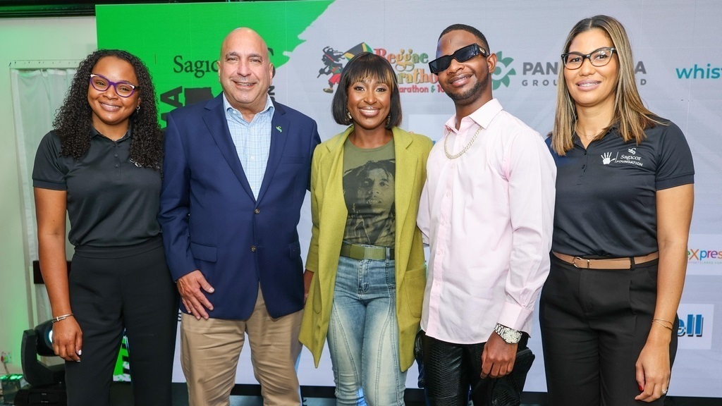 The Patrons of the Sagicor Sigma Run 2025 join members of Sagicor Group Jamaica for a photo op. (from left: Daidre Sloley-McKay, Vice President - Group Marketing at Sagicor Group Jamaica; Christopher Zacca, President & CEO Sagicor Group Jamaica and Chairman of Sagicor Foundation; Lecia-Gaye Taylor, Group Operations Manager at the Bob Marley Group of Companies, representing Cedella Marley; Nigy Boy, recording artiste; and Nicole Campbell Robinson, Vice President - Communications, Digital Media & CSR, Sagicor