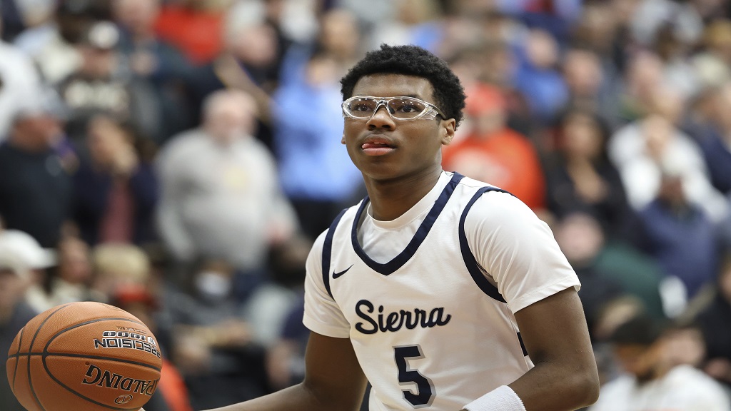 Sierra Canyon's Bryce James warms up against Christopher Columbus at halftime during a high school basketball game at the Hoophall Classic, on January 16, 2023, in Springfield, MA. (AP Photo/Gregory Payan, File).
