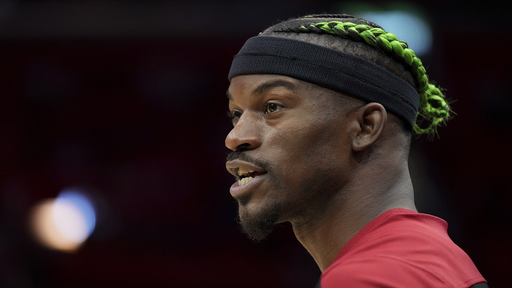 Miami Heat forward Jimmy Butler warms up on the court before an NBA basketball game against the Indiana Pacers Thursday, Jan. 2, 2025, in Miami. (AP Photo/Lynne Sladky).