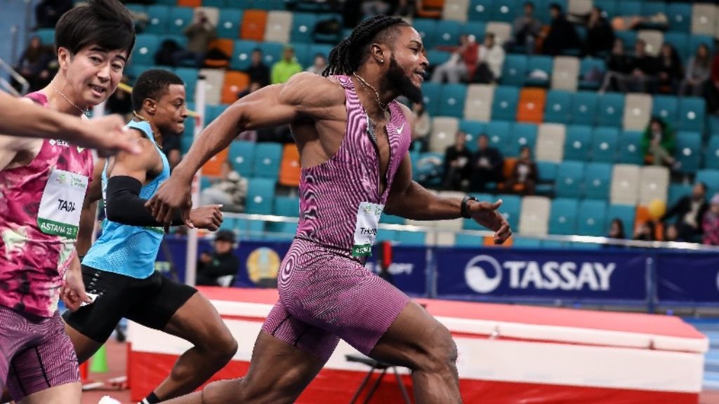 Jamaica’s Kishane Thompson wins the men's 60m at the Astana Indoor Meet for Amin Tuyakov Prizes on Saturday, January 25, 2025. (PHOTO. World Athletics media).