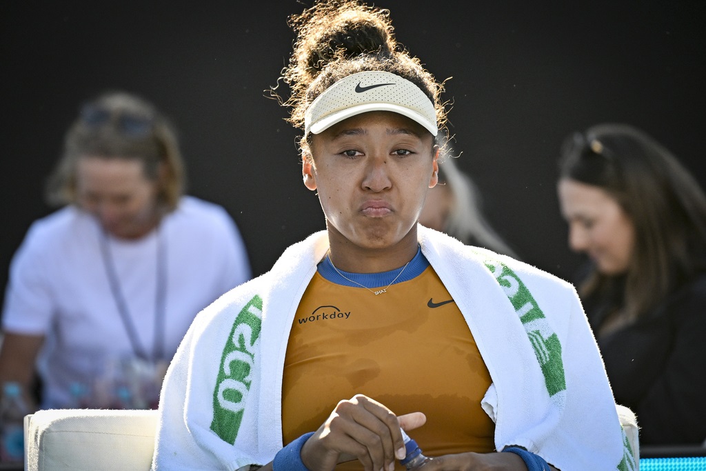 Naomi Osaka of Japan is emotional after forfeiting her match against Clara Tauson of Denmark in the finals singles match of the ASB Classic tennis tournament at Manuka Doctor Arena in Auckland, New Zealand, Sunday, January 5, 2025. (Alan Lee/Photosport via AP)
