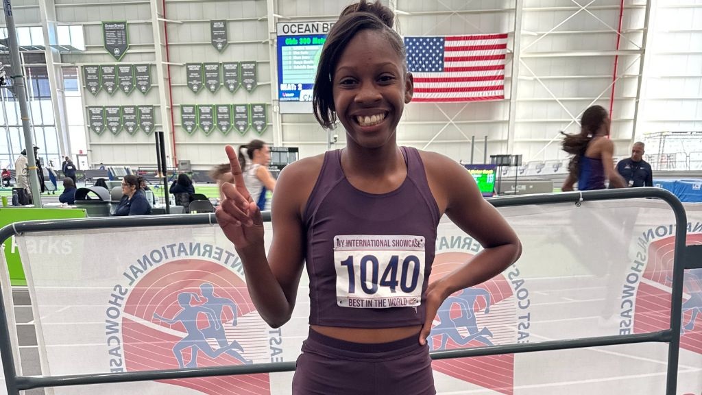 Shanoya Douglas of Muschett High after winning the Girls’ 300m invitational time final at the inaugural New York International Showcase at the Ocean Breeze Athletic Complex on Saturday, January 25, 2025.
