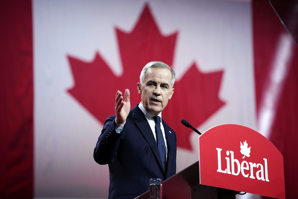 Mark Carney, Leader of the Liberal Party of Canada, speaks after being announced the winner at the Liberal Leadership Event in Ottawa, Ontario, Sunday, March 9, 2025. (Justin Tang/The Canadian Press via AP)
