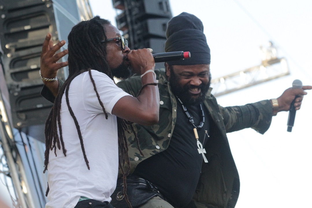 Jah Cure (left) with Fantan Mojah on stage at Reggae Sumfest on Sunday morning. (Photo: Marlon Reid)
