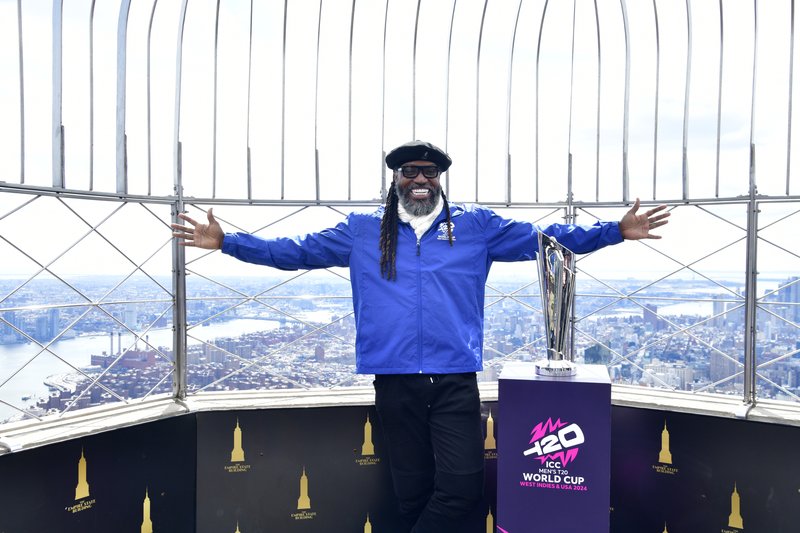 Former West Indies batsman Chris Gayle poses for a photo at the Empire State Building in celebration of the International Cricket Council’s Trophy Tour in New York City on Monday, Mach 18, 2024. (PHOTO: CWI Media).
