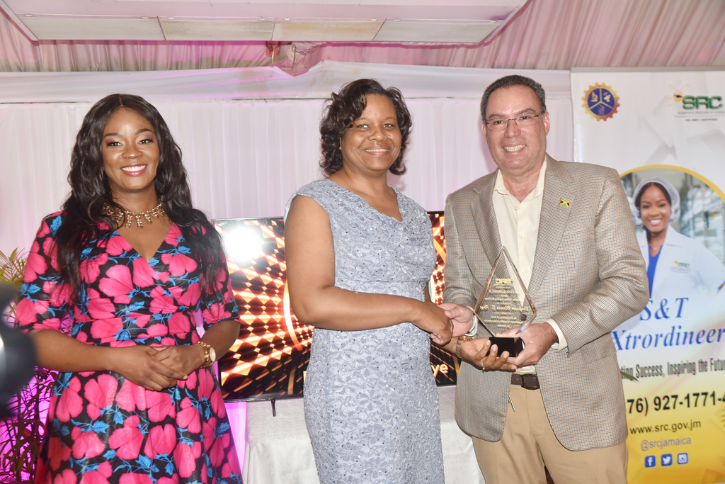 Professor Marcia Roye (centre) receives her award from Science and Technology Minister Daryl Vaz