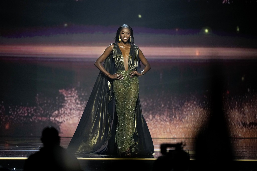 Miss Trinidad and Tobago, Taya Jane Ramey, competes in the evening gown competition during the final round of the 71st Miss Universe pageant in New Orleans, Saturday, Jan. 14, 2023.  (AP Photo/Gerald Herbert)