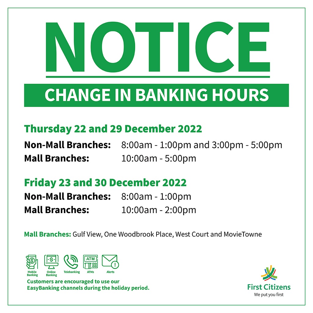 First Citizens updates banking hours for December 22, 23, 29 & 30 | Loop  Trinidad & Tobago