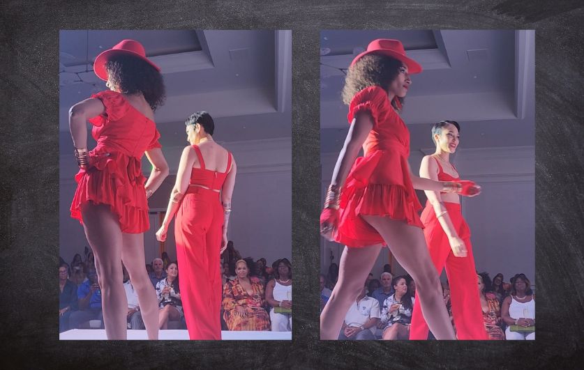 Cayman InStyle Fashion Week hosts Naima Mora and Kaira Belen on the catwalk at the start of the runway show (Photo credit: Loop News)