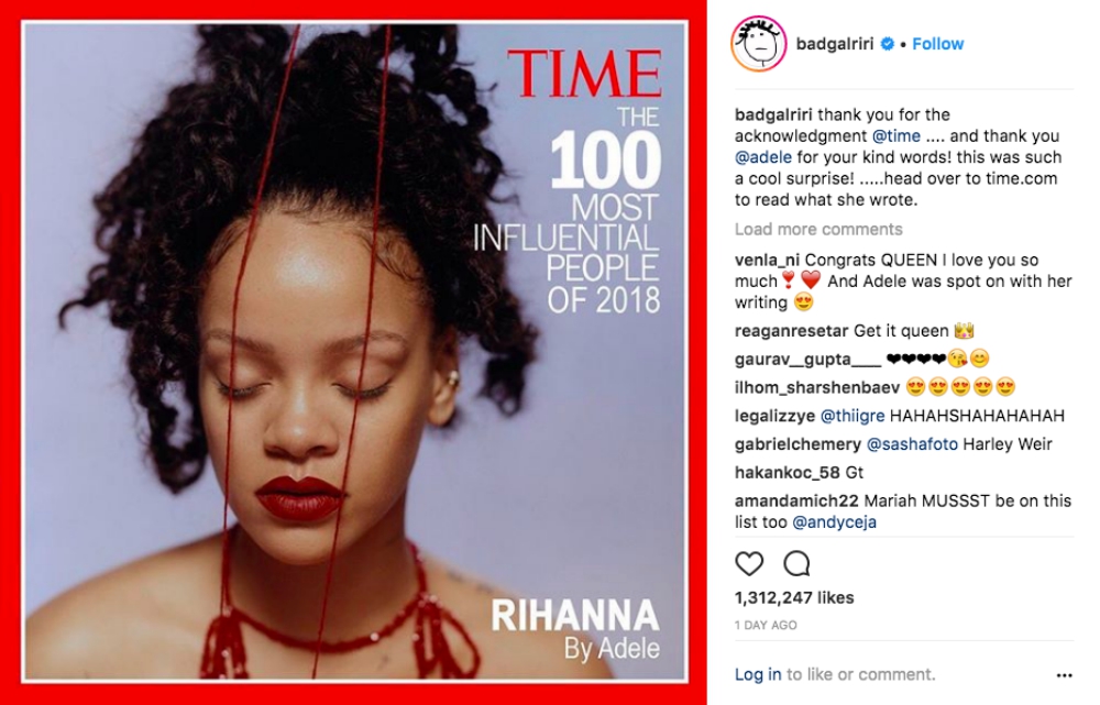 Rihanna, one of the Most Influential icons of 2018, thanks Time, Adele