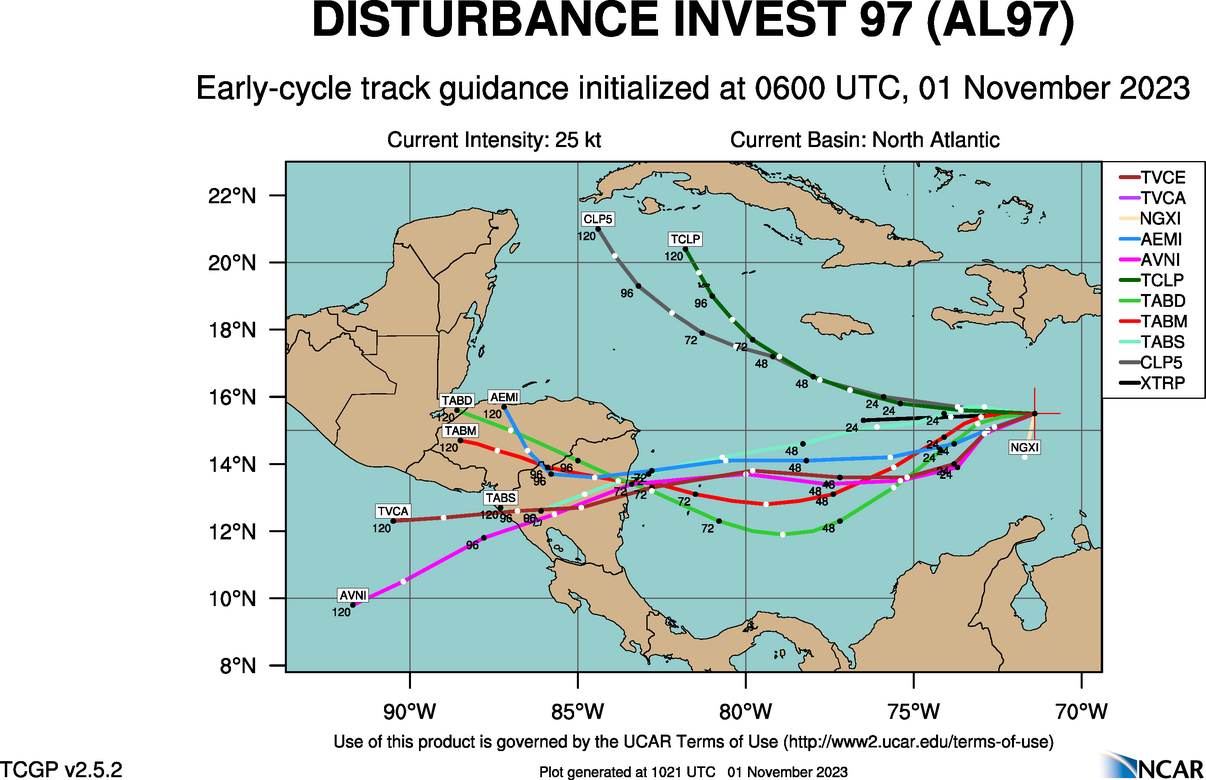 "Spaghetti" Model Depicting Possible Trajectories For AL97 (Source: The National Center for Atmospheric Research)