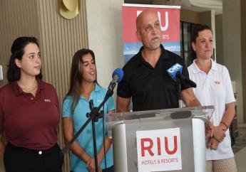 RIU Regional Director, Jamaica, Frank Sondern, addresses the media, following a walkthrough of the new RIU Aquarelle Trelawny Resort, on April 11. Others (from left) are Assistant General Manager, Belen Alvarez; Assistant General Manager, Food and Beverage, Carla Santana, and General Manager, Paola Garcia. (Photo: JIS)