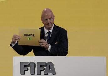 FIFA president Gianni Infantino announces that Brazil is chosen to host football's 2027 Women's World Cup at the FIFA Congress in Bangkok, Thailand, Friday, May 17, 2024.(AP Photo/Sakchai Lalit).